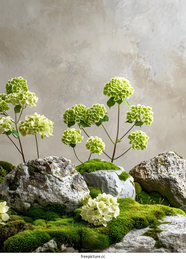 Green Flowers and Mossy Rocks Still Life Photography