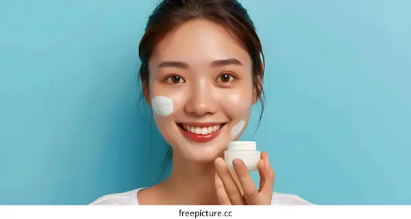 Smiling Asian Woman Applying Face Cream Against Blue Background