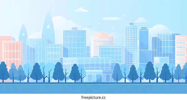 Modern Cityscape Illustration with Blue Sky and Trees