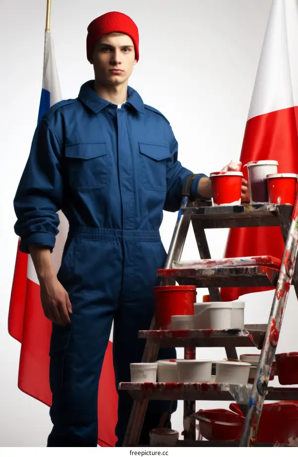 man in blue jumpsuit with red beanie standing next to ladder with paint cans and French and Russian flags in the background
