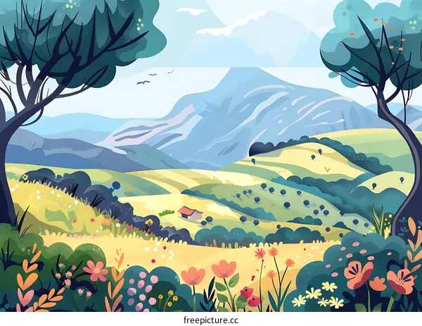 Landscape Illustration with Mountain and Flowers