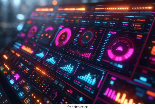 Futuristic Dashboard with Glowing Neon Lights and Data Visualizations