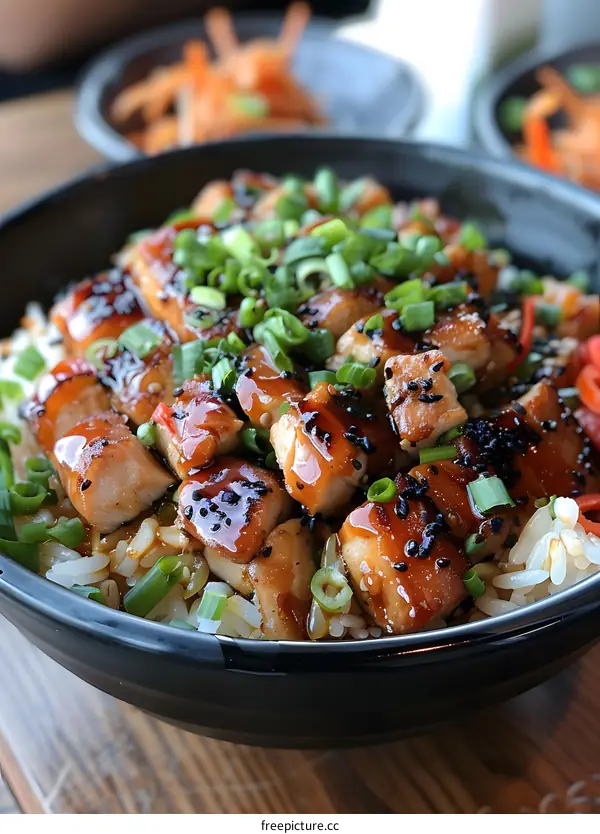 A bowl of Japanese chicken teriyaki donburi topped with spring onions and sesame seeds