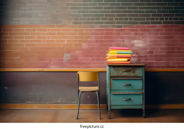 An Empty Classroom with a Stack of Colored Pencils on the Desk