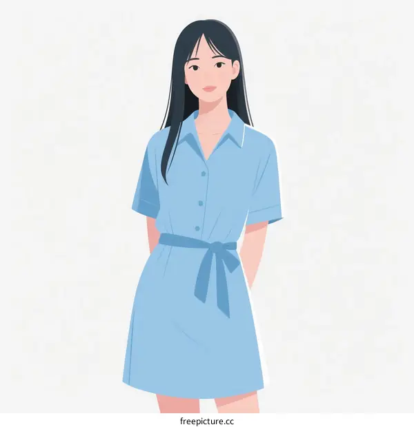 A Young Woman Wearing a Light Blue Shirt Dress with a Belt
