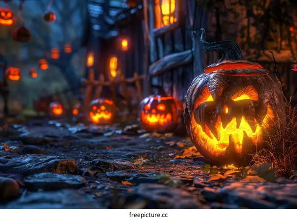 Spooky Forest with Halloween Pumpkins and Haunted House