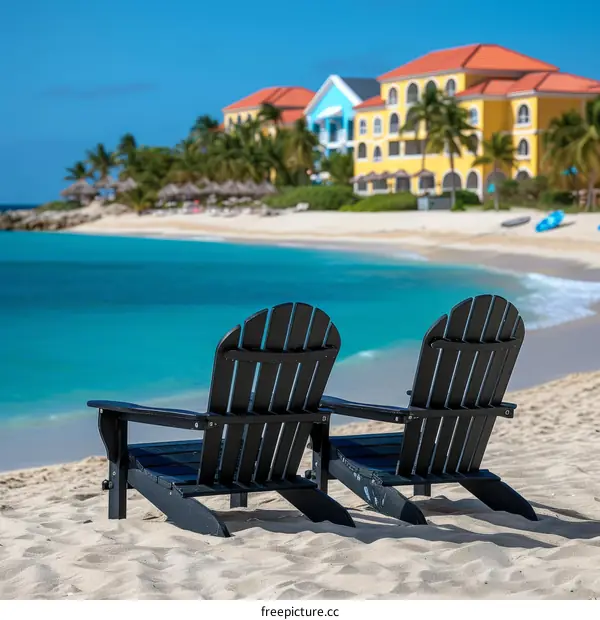 Two black Adirondack chairs sit on a beach with the ocean in the background
