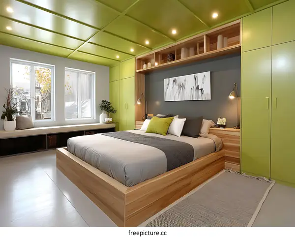 Modern Bedroom with Light Green Accents