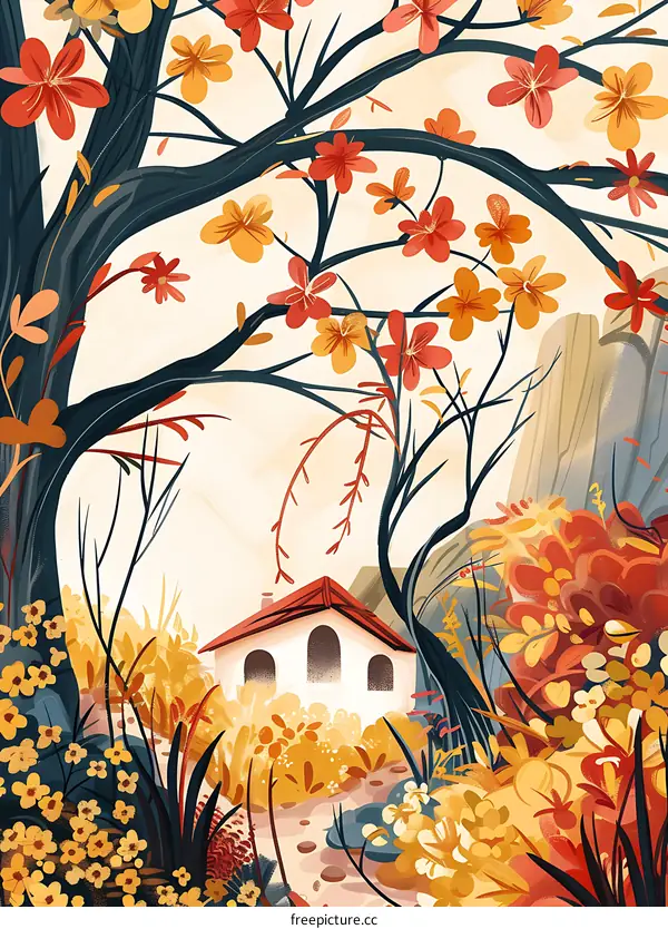 Colorful House In Garden With Red Flower Trees