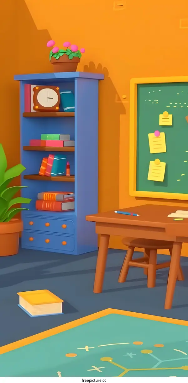 3D Cartoon Classroom Illustration with Bookshelf, Desk, and Chair