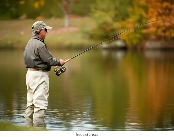Man Fishing in a Lake on a Sunny Day
