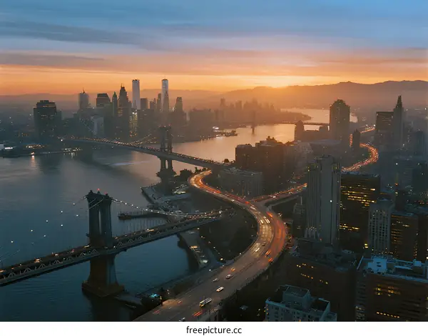 Aerial View of Bridges and Skyscrapers at Sunset