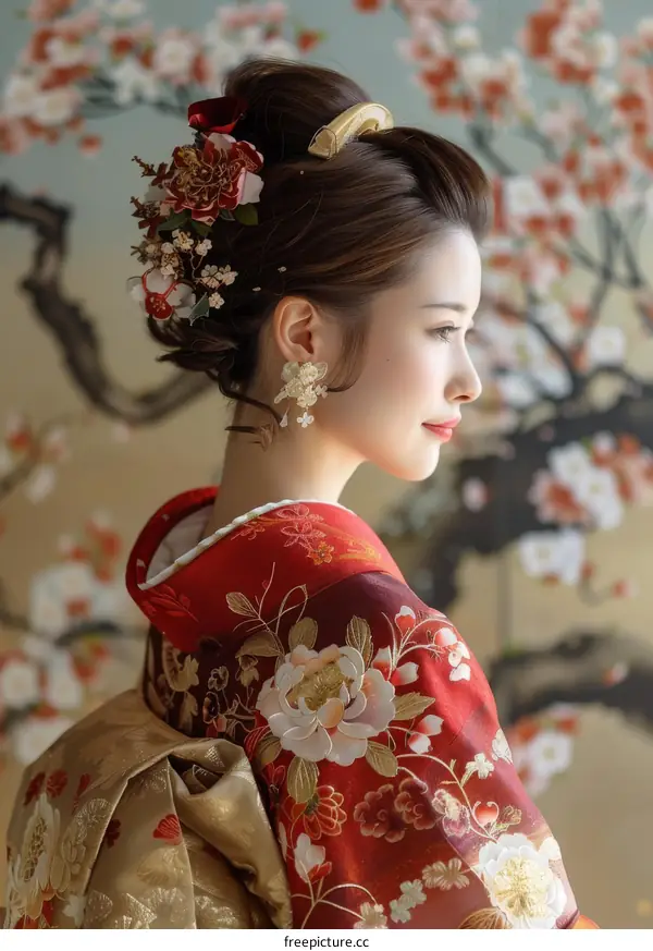 Beautiful Japanese Woman Wearing Traditional Kimono