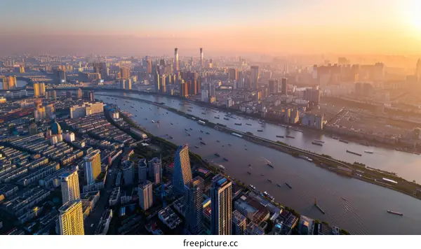 Wuhan City Skyline at Sunset over Yangtze River