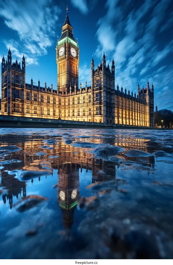 Reflection of the Palace of Westminster and Big Ben in a puddle