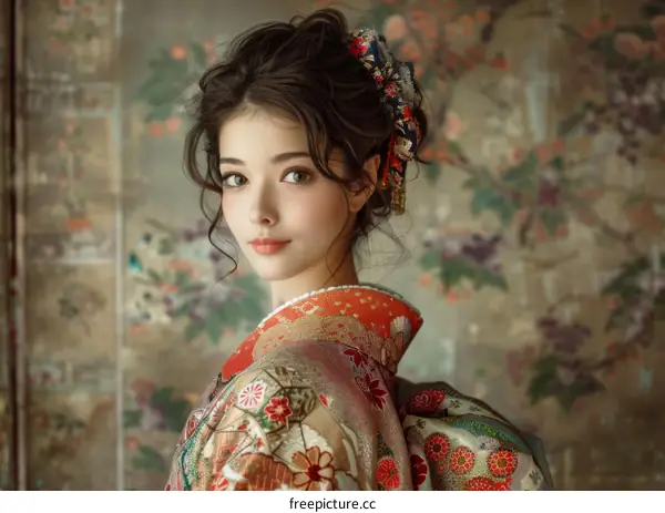 Beautiful Woman in Traditional Japanese Kimono