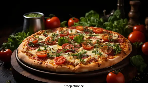 A delicious pizza with tomatoes, basil, and cheese