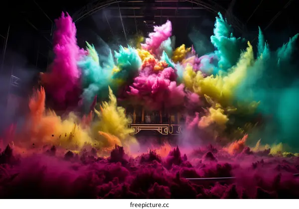 Colorful powder explosion on stage during a music festival