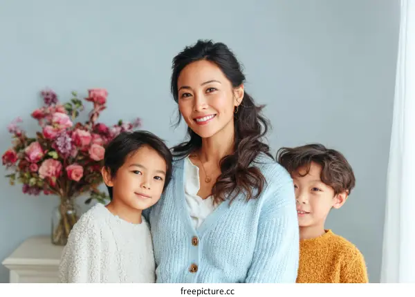 Happy Family Portrait with Mother and Two Children