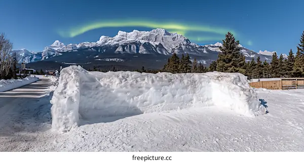 Snowy Mountains with the Northern Lights in the Sky