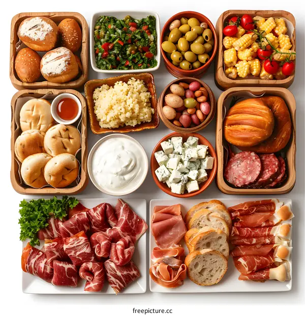 Variety of delicious food on white background