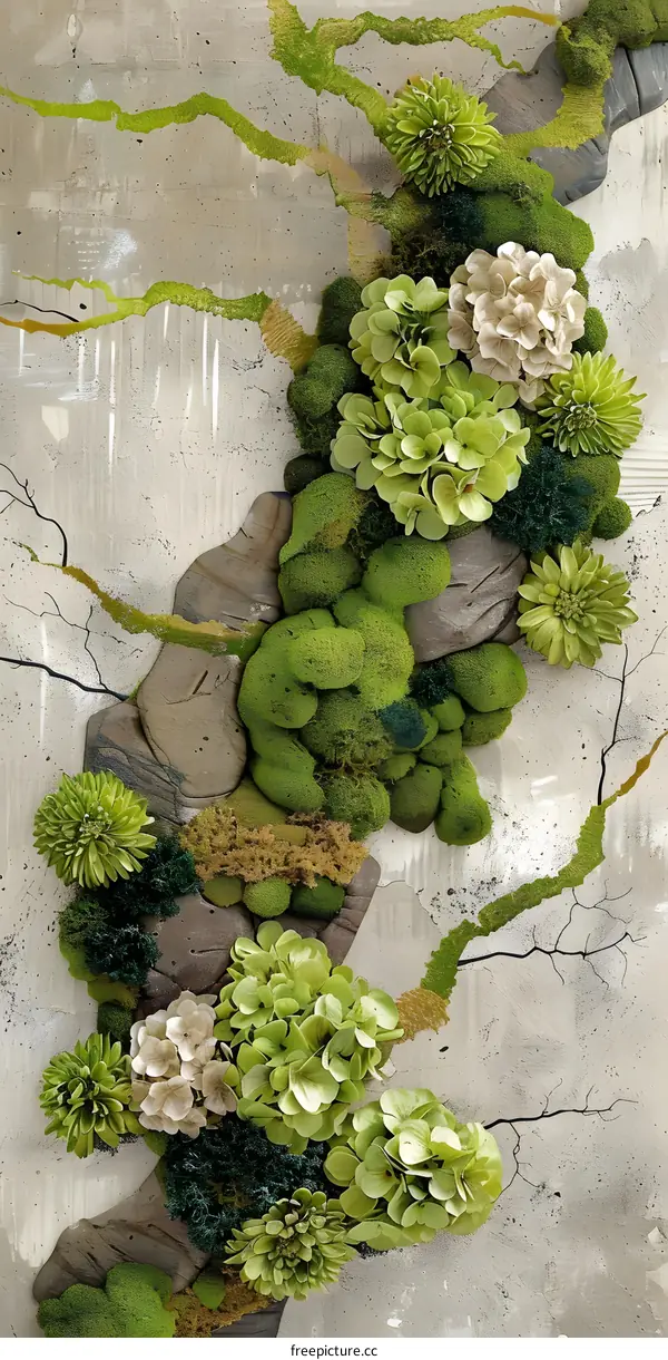 Green Moss and Flowers on a Concrete Wall