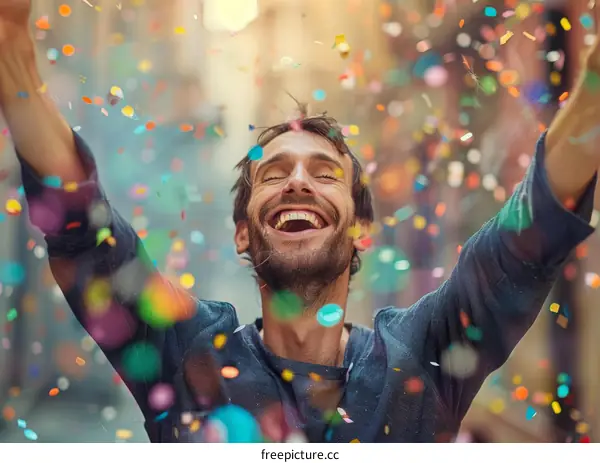 Happy Man Celebrating with Confetti