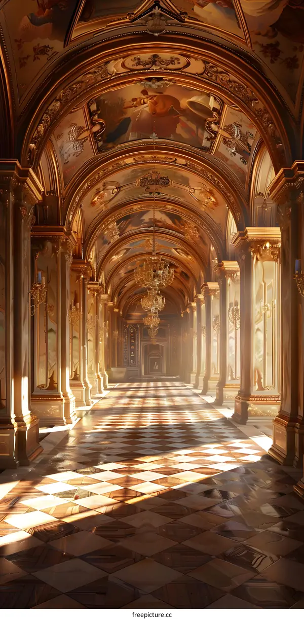 Golden Hallway with Checkerboard Floor and Chandeliers