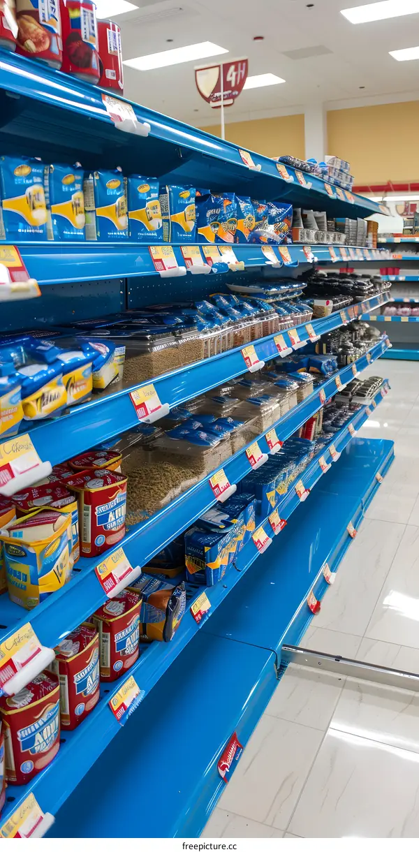 Grocery Store Shelf With Variety of Food Products