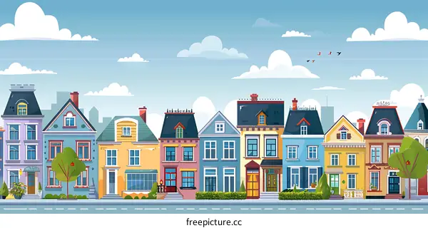 Cartoon Illustration of a Row of Colorful Houses in a City Street