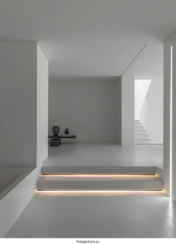 Modern Minimalist White Interior Design with Minimalist Stairs and Lighting