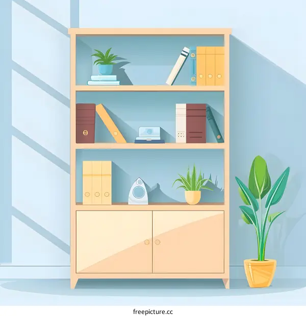 Cartoon Illustration of a Wooden Bookcase with Plants