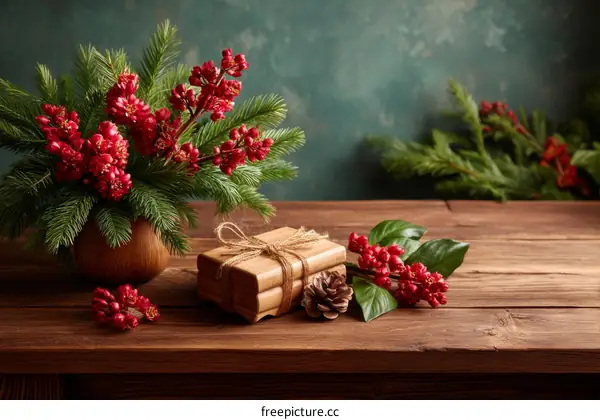 Christmas Decoration Arrangement on Wooden Tabletop
