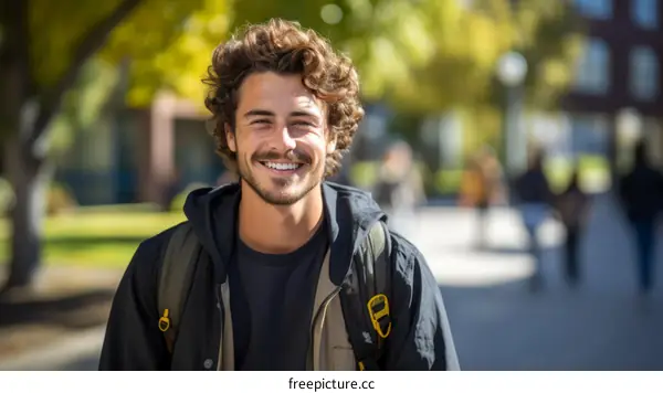 Portrait of a smiling young man with curly hair wearing a black jacket and a backpack