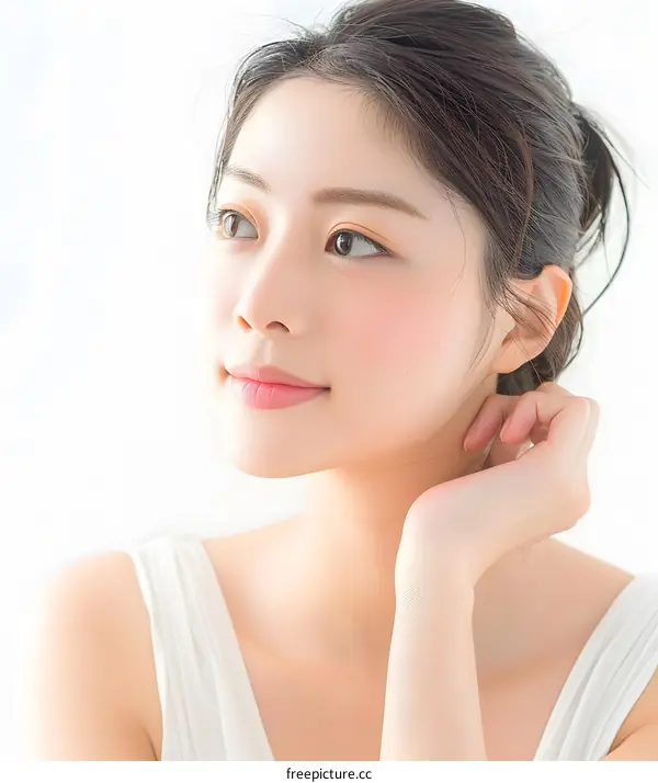 Young Asian Woman with Clean Skin and White Tank Top Looking Away
