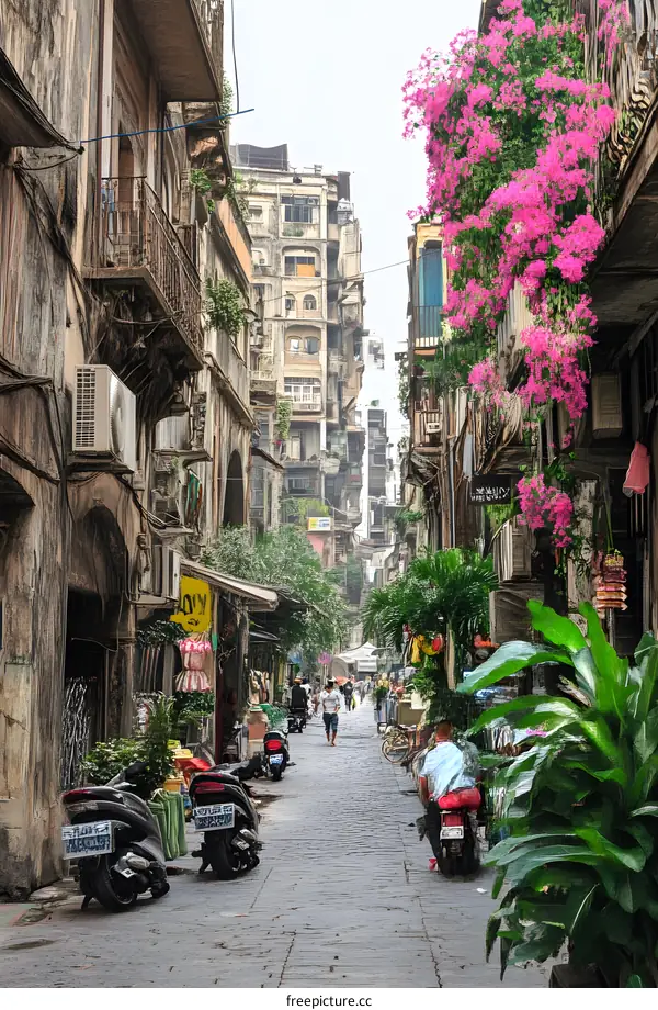 Narrow Street in Old City with Colorful Flowers and Motorbikes