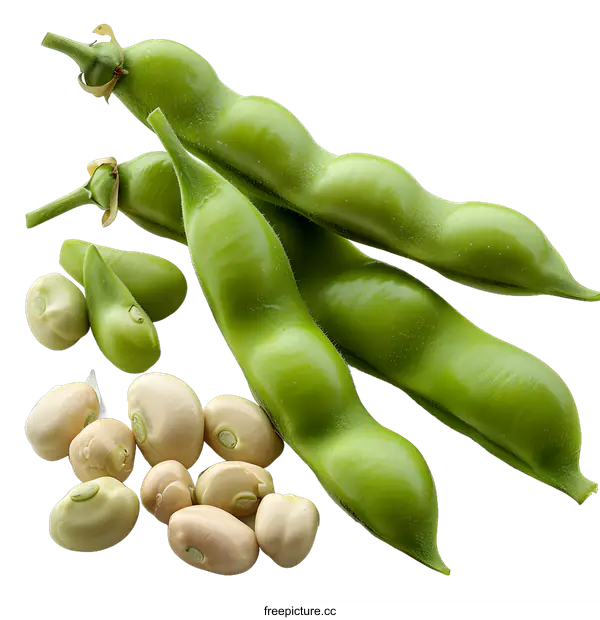 [Transparent Background PNG]Fresh green broad beans in pods and shelled