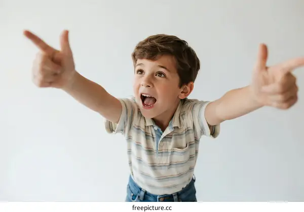 Young boy with outstretched arms pointing in different directions