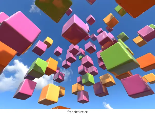 Abstract Colorful Cubes Floating in Blue Sky