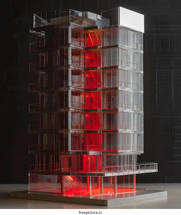 Glass Building Model With Red Lights