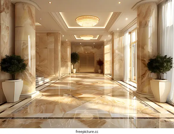Luxurious hotel lobby with marble floors and pillars