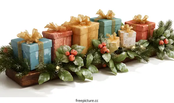 Christmas Gift Boxes Display on Wooden Tray