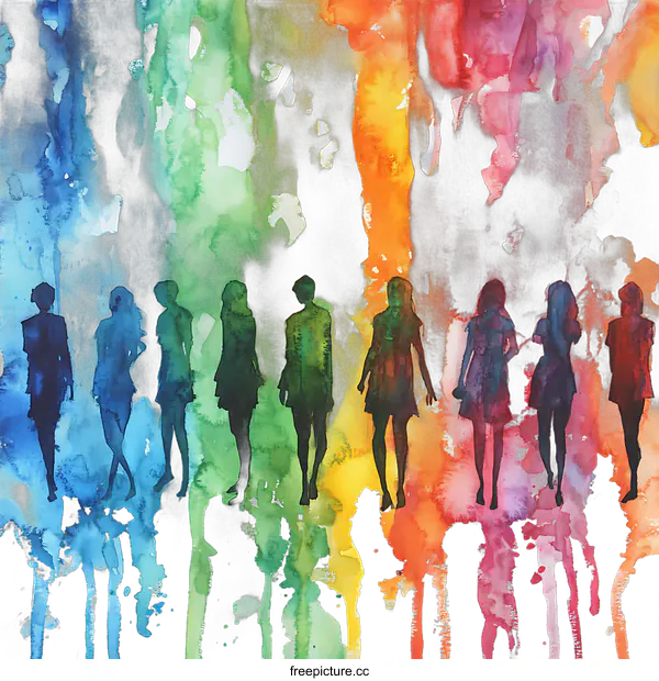 [Transparent Background PNG]Watercolor Silhouette of Women in a Rainbow
