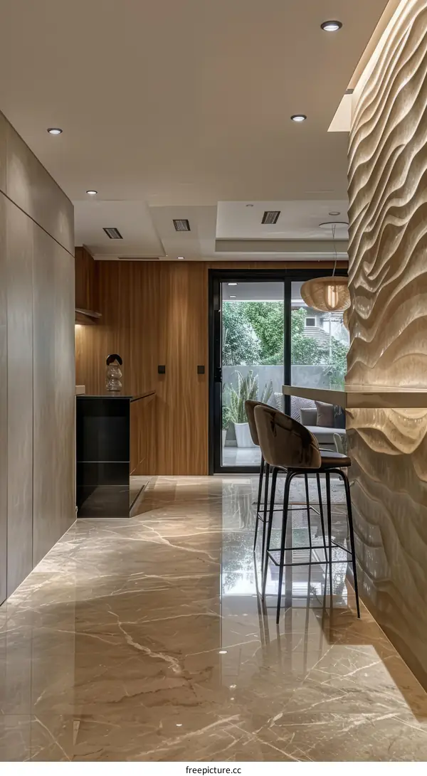brown minimalist kitchen with marble floor