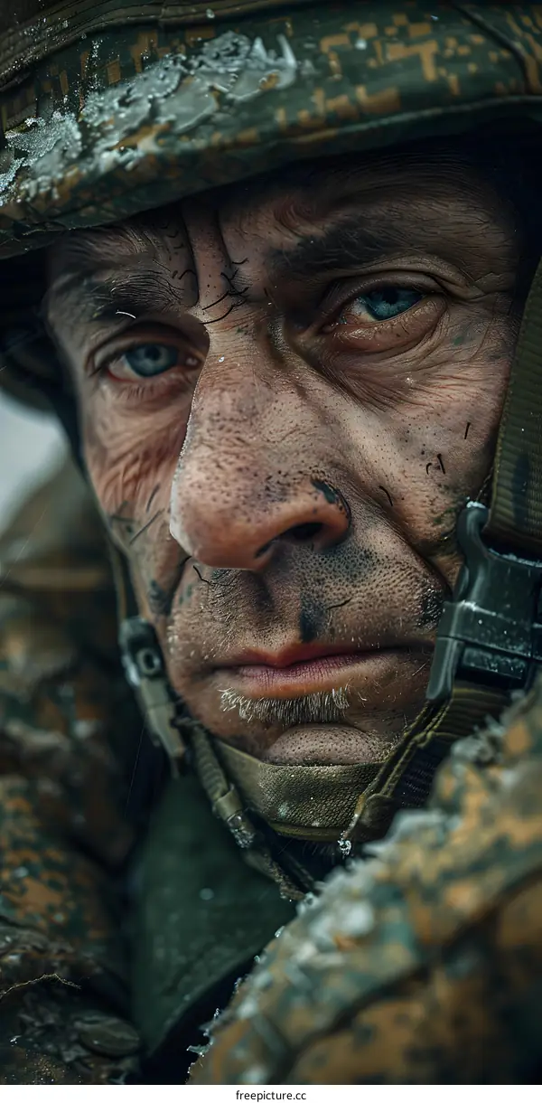 Close Up Portrait of a Dirty Soldier in Camouflage