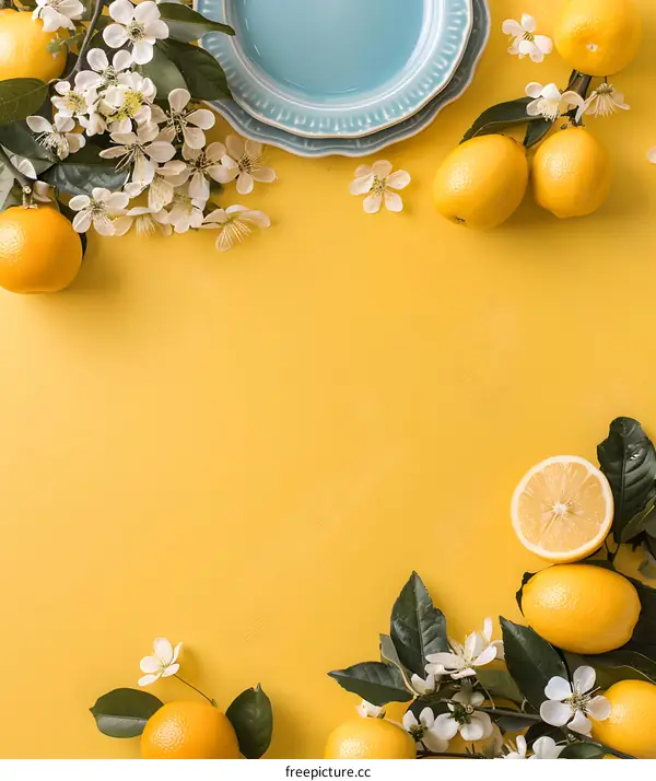 Lemon and Flowers Flatlay with a Plate on Yellow Background