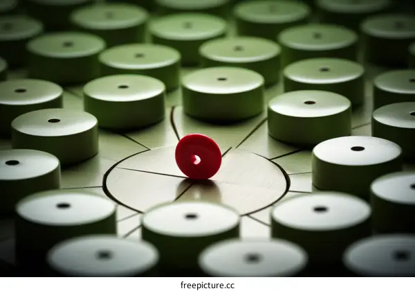 A red wooden disk surrounded by green wooden disks
