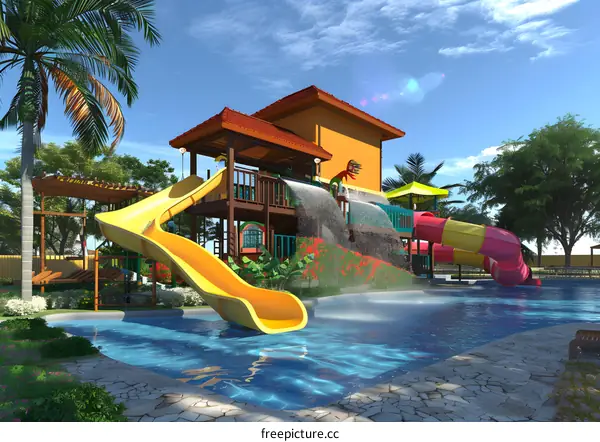 Tropical Water Park With Slides and Pool
