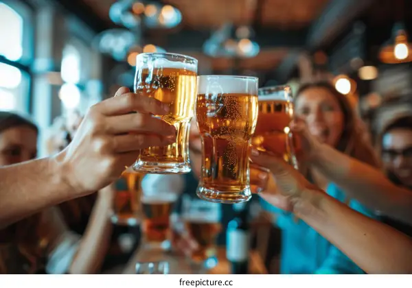 Group of friends toasting with beer glasses at bar or pub