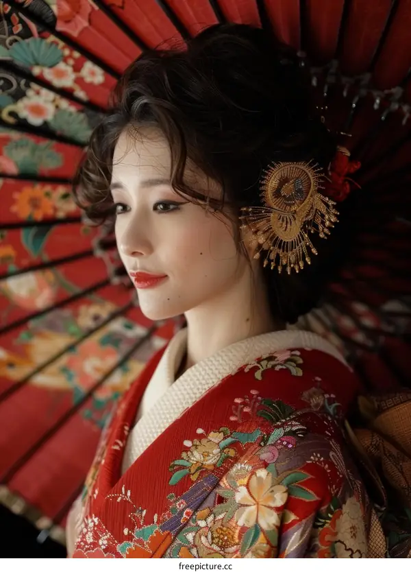 Portrait of a Japanese woman in traditional kimono with red umbrella